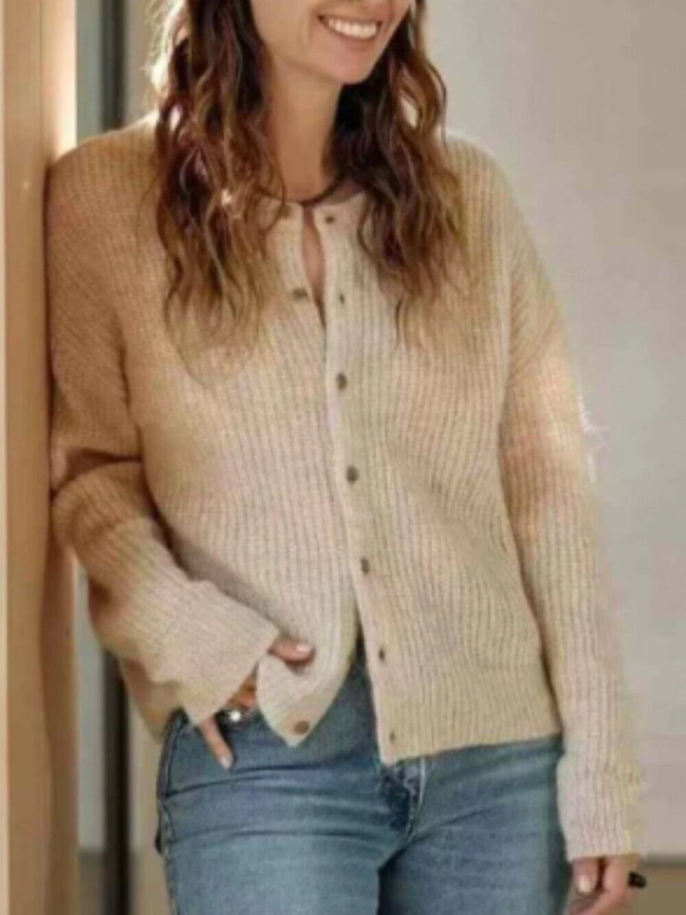 Jenni Kayne Hayes Alpaca Crewneck Cardigan Sweater In Sand Tan Sz M